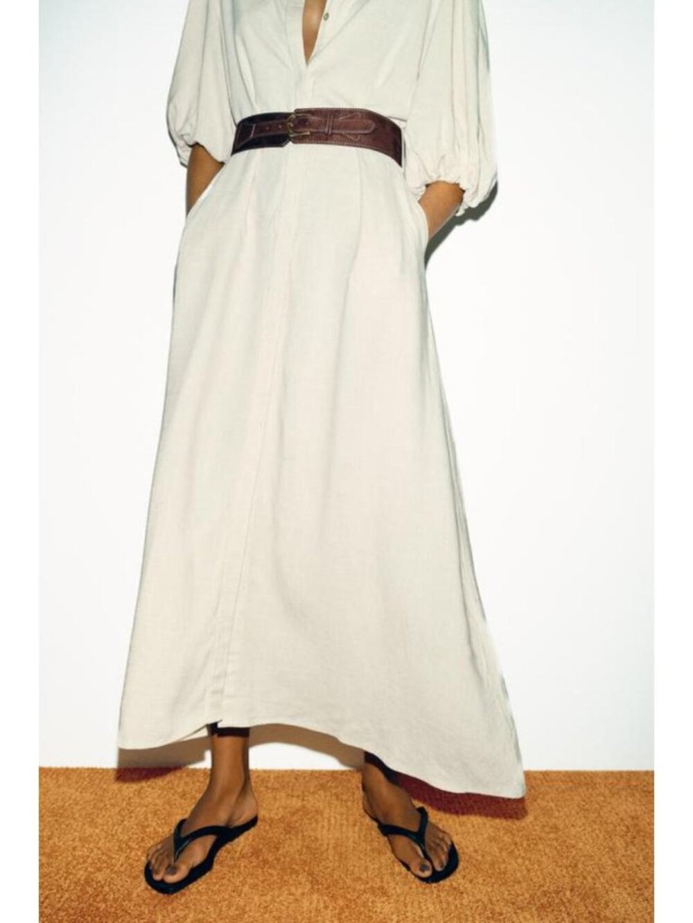ZARA LINEN BLEND MIDI DRESS WITH BELT - Picture 4 of 9